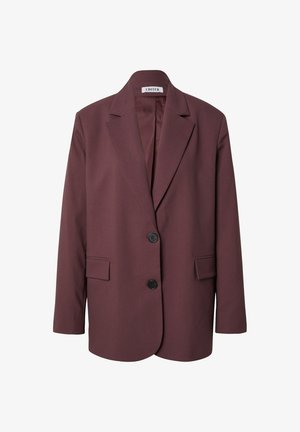 Burgunderfarbener Blazer mit Reverskragen, zwei Fronttaschen und zwei schwarzen Knöpfen. Hergestellt aus einem glatten Stoff mit strukturiertem Design.