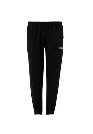 Czarne dopasowane spodnie dresowe z elastycznym paskiem i bocznymi kieszeniami, z małym białym logo tekstowym na górnej lewej części uda.