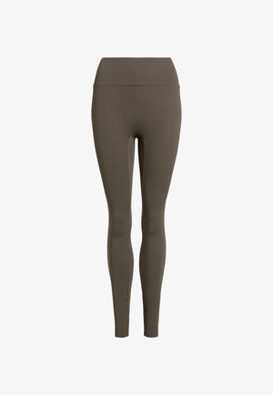 Leggings mit hoher Taille in Olivgrün, aus glattem, elastischem Stoff gefertigt, mit schlichtem Design ohne Taschen oder Muster.