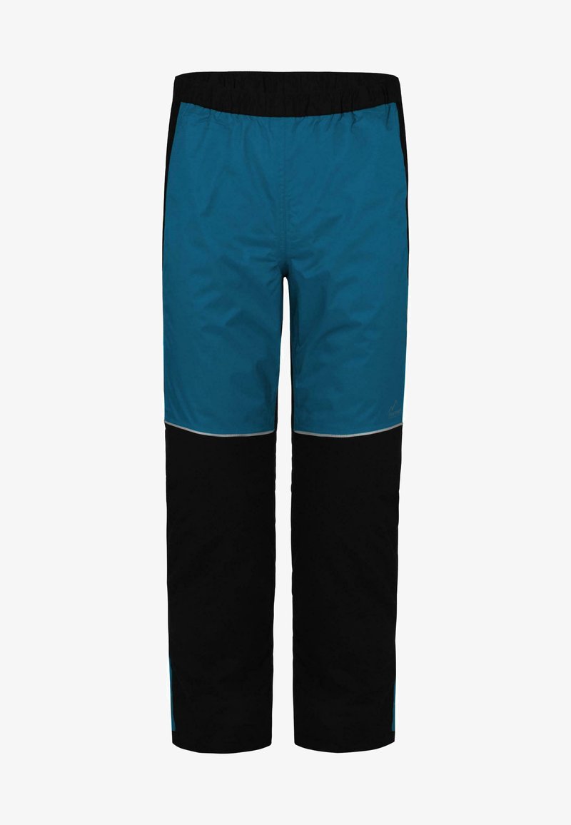 Wasserdichte Hose mit einem blauen oberen Teil und einem schwarzen unteren Teil. Elastischer Bund, gerade Passform und reflektierende Akzente entlang der Nähte.