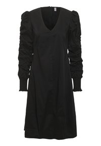 Vestido negro con escote en V, mangas abullonadas y puños fruncidos. Textura suave, largo hasta la rodilla y una cremallera central en la parte trasera.