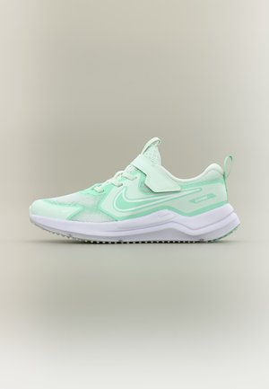 But do biegania Nike w kolorze miętowo-białym, z cholewką z siateczki, paskiem na rzep i amortyzowaną podeszwą, przedstawiony z profilu na neutralnym tle.