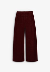 Pantalones de pierna ancha burdeos en tejido de pana con dos bolsillos traseros y una textura suave. Diseño simple con una cintura alta.