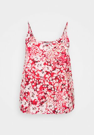 Czerwona kwiatowa koszulka na ramiączkach bez rękawów z cienkimi regulowanymi ramiączkami i okrągłym dekoltem, z wzorami kwiatów w kolorach różowym, białym, czarnym i żółtym.