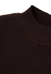 Maglione marrone a coste con collo alto. Il tessuto mostra una trama fine e una sottile lucentezza, che ne valorizza l'aspetto accogliente.