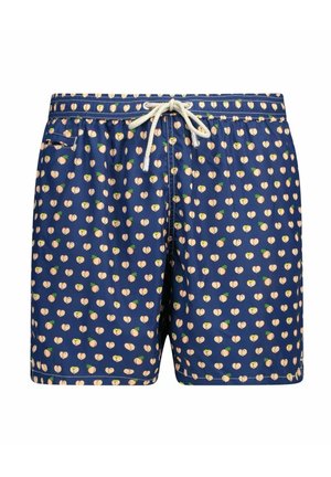 Heren zwemshorts van blauwe stof met een herhalend perzikpatroon. Elastische tailleband met een trekkoord, lichtgewicht materiaal.