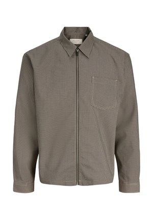 Sako s vzorem pepito v šedé a černé barvě, opatřené zipovým zapínáním, límečkem a jednou náprsní kapsou. Hladká textura látky.