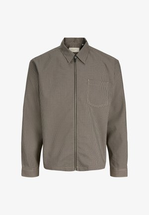 Jakna s uzorkom imaći zube u sivoj i crnoj boji, s patentnim zatvaračem, ovratnikom i jednim džepom na prsima. Glatka tekstura tkanine.