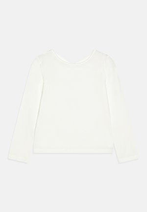 White long-sleeve top with a rounded neckline, made from a smooth, lightweight fabric. Seam detailing along sleeves and hem.