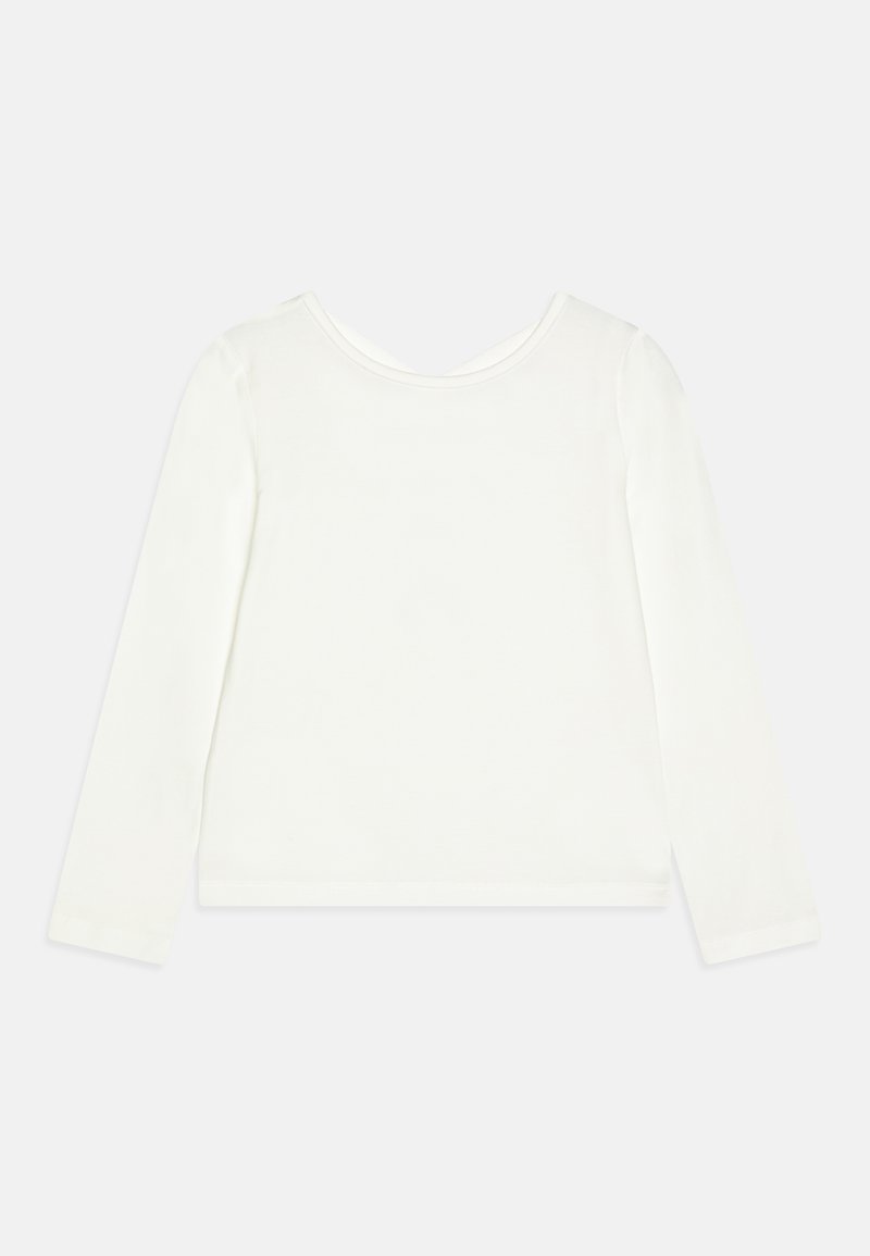 Biała bluzka z długim rękawem i okrągłym dekoltem, wykonana z gładkiego, lekkiego materiału. Szwy na rękawach i u dołu.