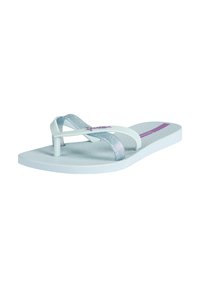 Light blue flip-flop with glittery straps, textured footbed, and a purple accent band. Made of flexible rubber material.