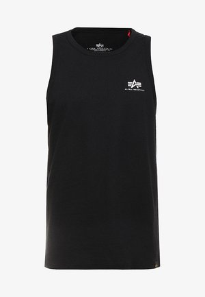 Czarny bawełniany top bez rękawów z okrągłym dekoltem, małym białym logo na piersi i prostym wykończeniem dołu.