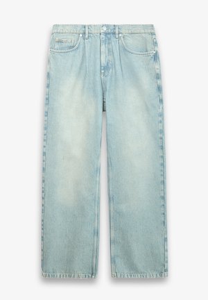 Light blue denim jeans with a straight, wide-leg cut. Features include five pockets, a button fly, and faded texture with subtle variations.