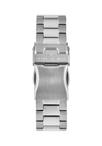 Armbanduhr-Armband aus Silber, Edelstahl mit polierten und gebürsteten Gliedern, ausgestattet mit einem gebürsteten Metallverschluss, der mit "JACQUES LEMANS" graviert ist.