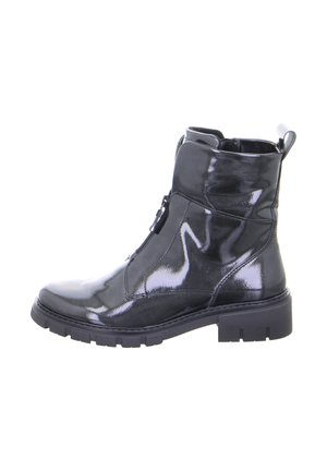 Black glossy ankle boot with side zipper, pull tab at heel, chunky treaded sole, and mid-height block heel.