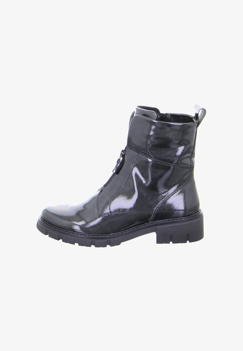 Black glossy ankle boot with side zipper, pull tab at heel, chunky treaded sole, and mid-height block heel.