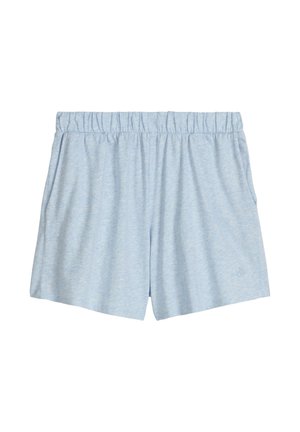 Lichtblauwe korte broek met elastische tailleband en zijzakken, gemaakt van zachte stof, met een subtiele gemêleerde textuur en een klein logo op het linkerbeen.