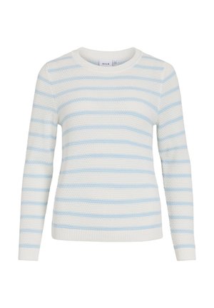 Strikket sweater i hvid med lyseblå vandrette striber. Har rund halsudskæring, lange ærmer og ribkant ved kant og ærmer, med tekstureret mønster.