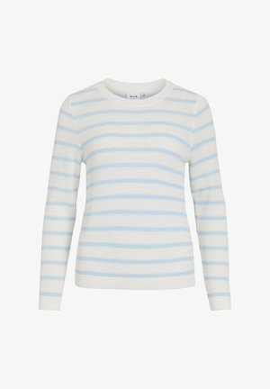 Strikket sweater i hvid med lyseblå vandrette striber. Har rund halsudskæring, lange ærmer og ribkant ved kant og ærmer, med tekstureret mønster.