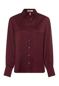 Bordeauxbluse med krave, lange pufærmer og knaplukning foran. Fremstillet af glat stof med en diskret glans.