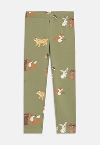 Grüne Leggings aus weichem Stoff. Mit einem Muster von verschiedenen Tieren, darunter Füchse, Hasen und Bären, in spielerischen, cartoonhaften Designs.