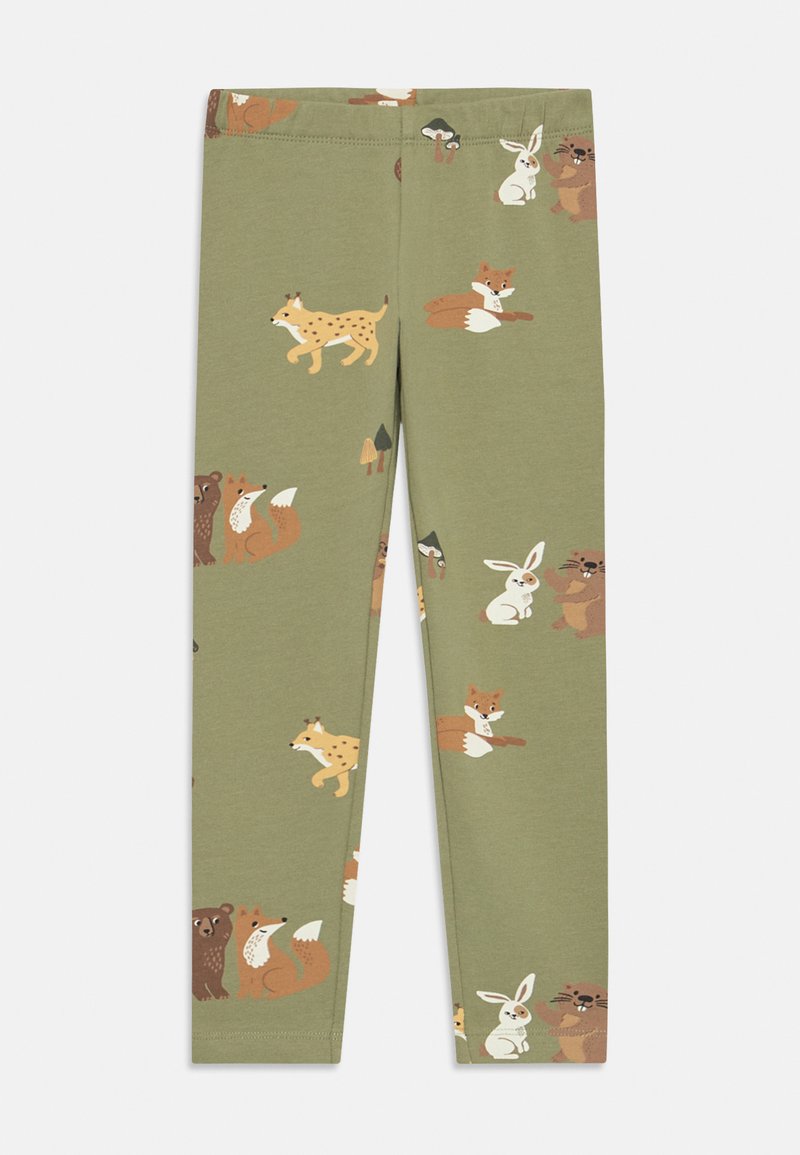 Grüne Leggings aus weichem Stoff. Mit einem Muster von verschiedenen Tieren, darunter Füchse, Hasen und Bären, in spielerischen, cartoonhaften Designs.