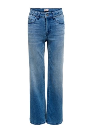 Blue straight-leg denim jeans with a button and zip fly, front pockets, and belt loops.