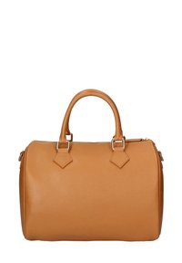 Borsa a tracolla in pelle color cuoio con forma arrotondata, manici superiori doppi e decorazioni a forma di diamante vicino ai punti di attacco. Chiusura con zip.
