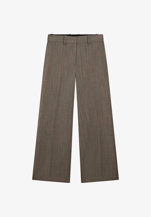 Pantaloni larghi in un motivo a quadri marrone, caratterizzati da una texture morbida e una vita piatta. Taglio sartoriale senza chiusure visibili.
