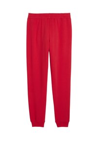 Røde sweatpants lavet af blødt stof, med elastisk talje og manchetter ved anklerne, designet til komfort og bevægelsesfrihed.