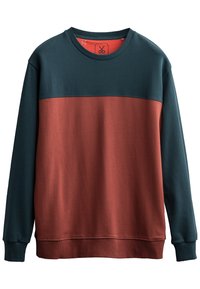 Langsleeve sweatshirt in donker teal en roest, met een kleurblokontwerp en een geribde halslijn en mouwen. Gemaakt van zachte stof.
