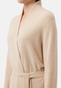 Robe en beige en tissu doux, avec un col châle, une ceinture à nouer sur le côté et des manches longues. Texture lisse avec un minimum de coutures.