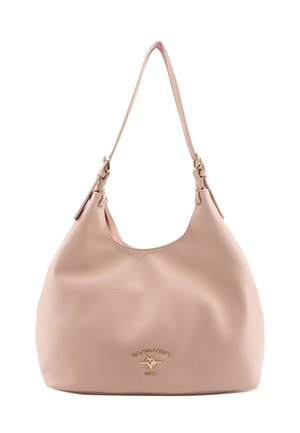 Sac à bandoulière en cuir rose clair avec une seule bandoulière et un logo doré U.S. Polo Assn. sur le devant.