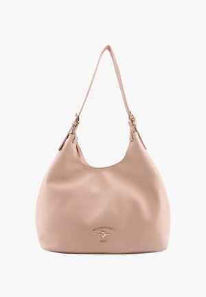 Sac à bandoulière en cuir rose clair avec une seule bandoulière et un logo doré U.S. Polo Assn. sur le devant.