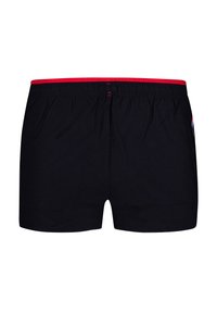 Boxer shorts neri in cotone con una vita elastica rossa. Il design presenta un semplice colore uniforme senza fantasie o ulteriori decorazioni.
