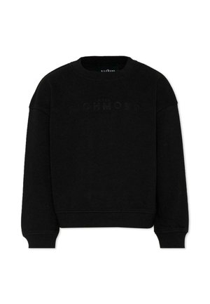 Felpa nera girocollo con polsini e orlo a costine, con logo "John Richmond" leggermente in rilievo sul petto.