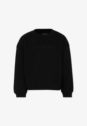 Zwarte sweater met ronde hals, geribde boorden en zoom, met subtiel geperst "John Richmond"-logo over de borst.