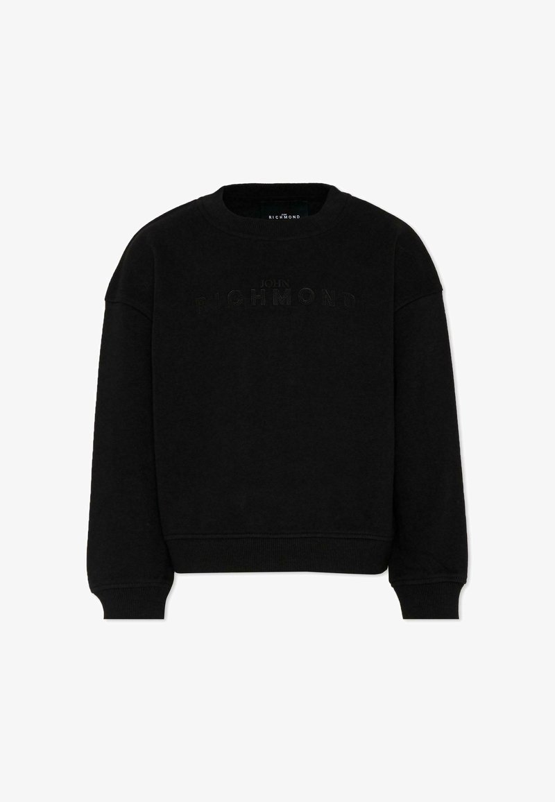 Sweat-shirt noir à col rond avec poignets et ourlet côtelés, arborant un logo "John Richmond" subtilement embossé sur la poitrine.