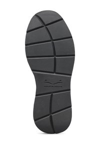 Suola di scarpe in gomma nera con superficie testurizzata, caratterizzata da scanalature rettangolari e triangolari per una migliore aderenza. Logo "Voile Blanche" stampato al centro.