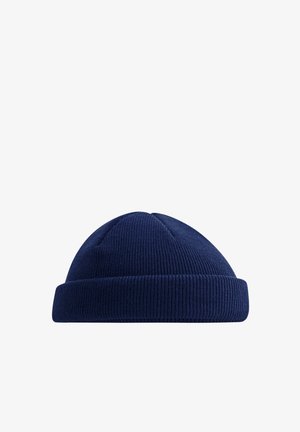 Bonnet tricoté bleu marine avec revers plié, fabriqué en tissu côtelé, présenté sur un fond blanc.