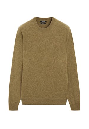 Brauner Strickpullover mit rundem Ausschnitt, langen Ärmeln und weicher Textur. Mit gerippten Bündchen und Saum. Einfaches, einfarbiges Design.