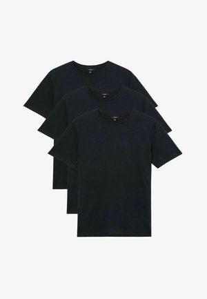 Set aus drei schwarzen Baumwoll-T-Shirts, Rundhals-Design, kurze Ärmel, glatte Textur und minimalistischer Stil.