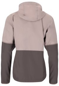 Letvægtsjakke i beige og mørkegrå, med hætte, lange ærmer og et farveblokdesign med glat stofstruktur.