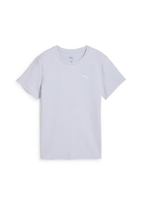 Lysblå kortærmet T-shirt med rund halsudskæring, lavet af tekstureret stof, med et hvidt logo på øverste venstre side.