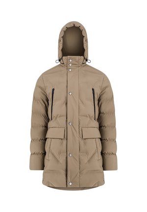 Beżowa kurtka ocieplana z kapturem. Posiada zapięcie na zatrzaski z przodu, dwa kieszenie na suwak na wysokości klatki piersiowej oraz dwie dolne kieszenie z klapką. Teksturowana tkanina.