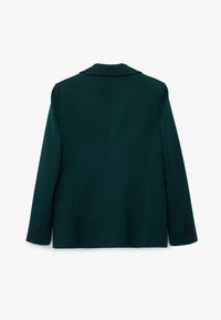 Donkergroene blazer met een getailleerde pasvorm, geknipte revers en lange mouwen. Bevat twee knopen bij de manchetten en heeft een gladde textuur.
