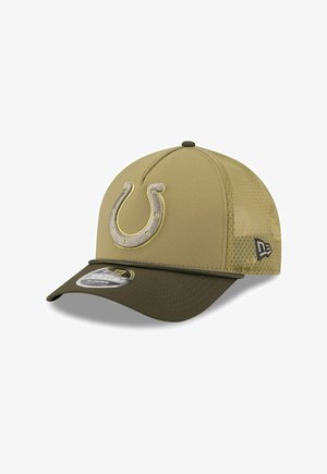 Khaki baseball cap with a green bill, featuring an embroidered horseshoe logo and mesh side panels for breathability.