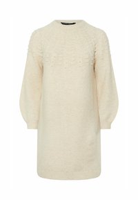 Abito maglione beige a maglia con scollatura rotonda, motivo a bolle testurizzate sul corpo e maniche lunghe a palloncino.