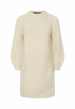 Abito maglione beige a maglia con scollatura rotonda, motivo a bolle testurizzate sul corpo e maniche lunghe a palloncino.