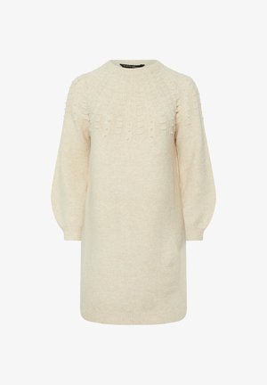 Abito maglione beige a maglia con scollatura rotonda, motivo a bolle testurizzate sul corpo e maniche lunghe a palloncino.